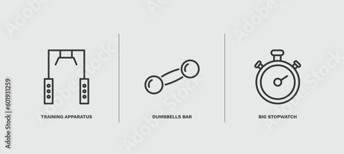 set of fitness and gym thin line icons. fitness and gym outline icons included training apparatus, dumbbells bar, big stopwatch vector.
