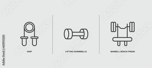 set of fitness and gym thin line icons. fitness and gym outline icons included grip, lifting dumbbells, barbell bench press vector.
