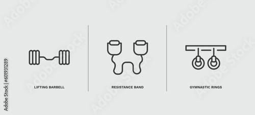 set of fitness and gym thin line icons. fitness and gym outline icons included lifting barbell, resistance band, gymnastic rings vector.