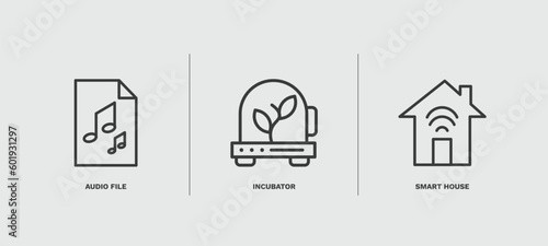 set of automation and high thin line icons. automation and high outline icons included audio file, incubator, smart house vector.