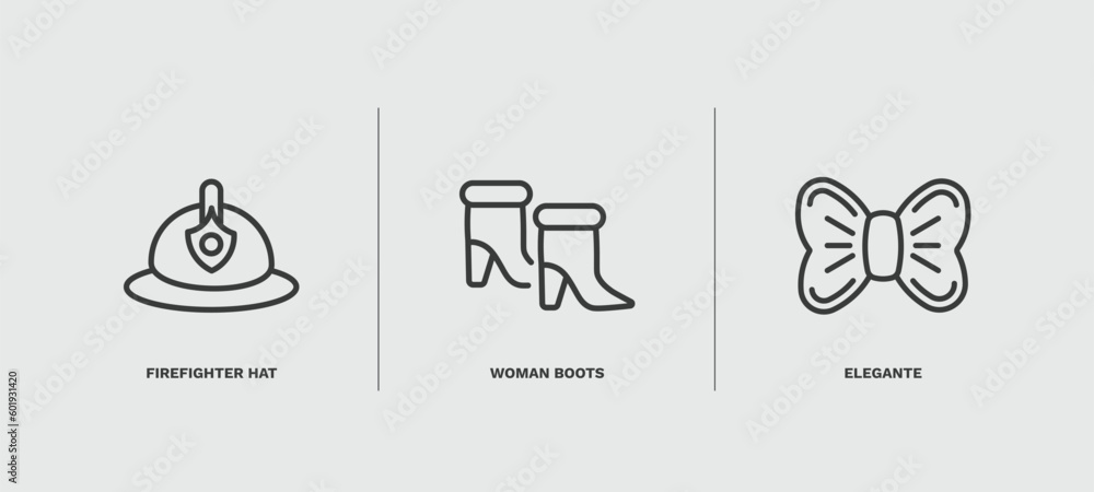 set of fashion and things thin line icons. fashion and things outline icons included firefighter hat, woman boots, elegante vector.