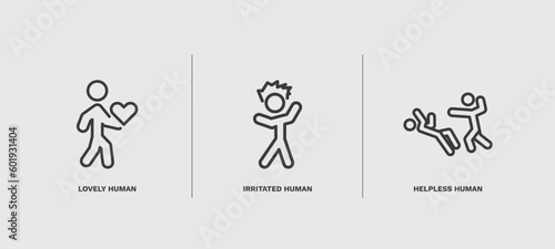 set of feeling and reaction thin line icons. feeling and reaction outline icons included lovely human, irritated human, helpless human vector.