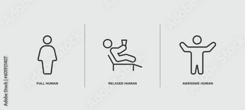 set of feeling and reaction thin line icons. feeling and reaction outline icons included full human, relaxed human, awesome human vector.