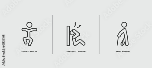 set of feeling and reaction thin line icons. feeling and reaction outline icons included stupid human, stressed human, hurt human vector.