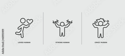 set of feeling and reaction thin line icons. feeling and reaction outline icons included loved human, strong human, crazy human vector.
