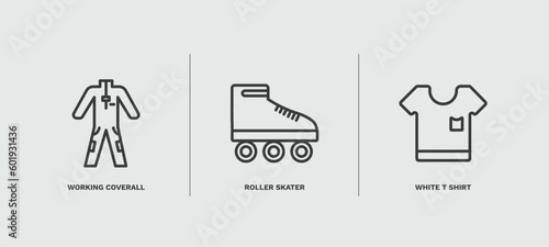 set of fashion and things thin line icons. fashion and things outline icons included working coverall, roller skater, white t shirt vector.