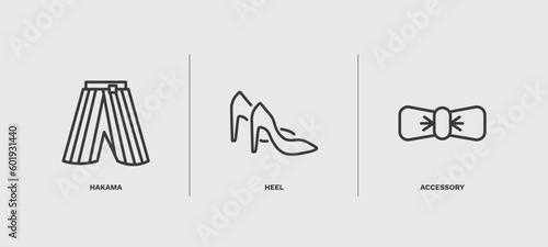 set of fashion and things thin line icons. fashion and things outline icons included hakama, heel, accessory vector.