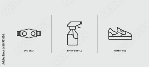 set of fashion and things thin line icons. fashion and things outline icons included gym belt, spray bottle, gym shoes vector.