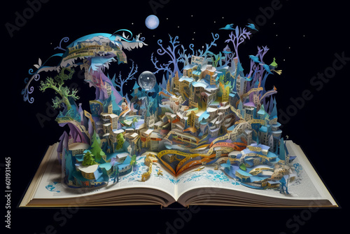 World book day  fantasy  and leisure concept. 3D  paper art style Illustration of magical book with fantasy stories inside it. Generative AI