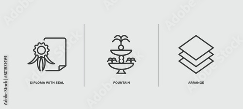 set of education thin line icons. education outline icons included diploma with seal, fountain, arrange vector.