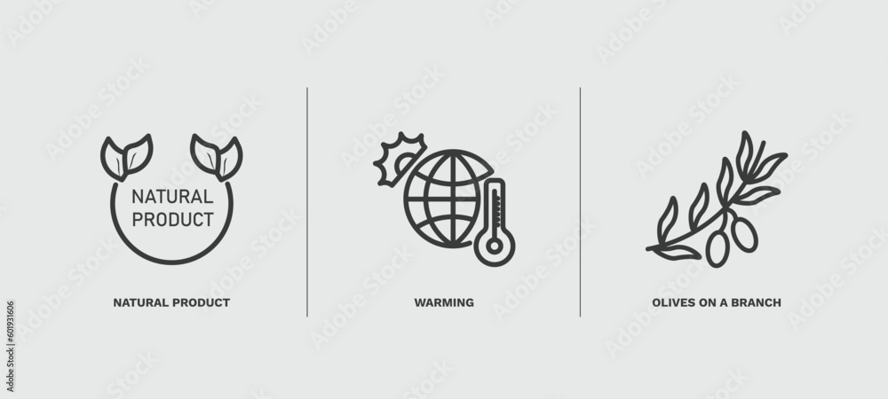 set of ecology thin line icons. ecology outline icons included natural product, warming, olives on a branch vector. set of ecology thin line icons. ecology outline icons included natural product, warming, olives on a branch vector.