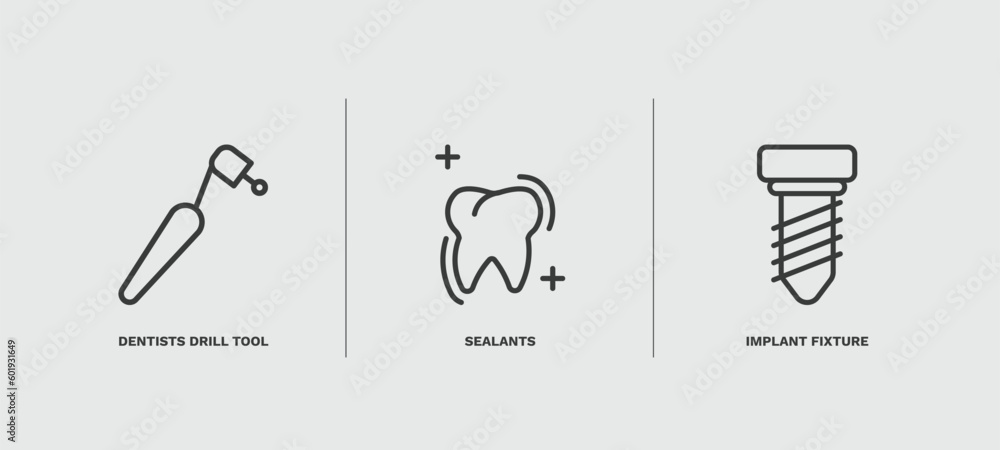 set of dental health thin line icons. dental health outline icons included dentists drill tool, sealants, implant fixture vector. set of dental health thin line icons. dental health outline icons included dentists drill tool, sealants, implant fixture vector.