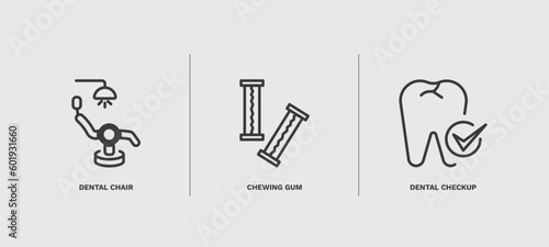 set of dental health thin line icons. dental health outline icons included dental chair, chewing gum, checkup vector.