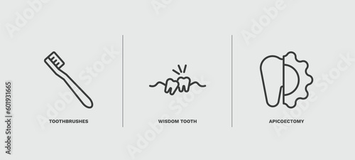 set of dental health thin line icons. dental health outline icons included toothbrushes, wisdom tooth, apicoectomy vector.