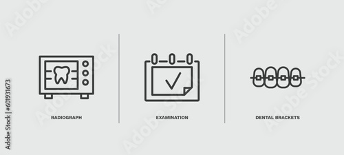 set of dental health thin line icons. dental health outline icons included radiograph, examination, dental brackets vector.