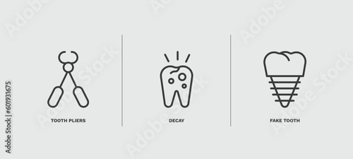 set of dental health thin line icons. dental health outline icons included tooth pliers, decay, fake tooth vector.