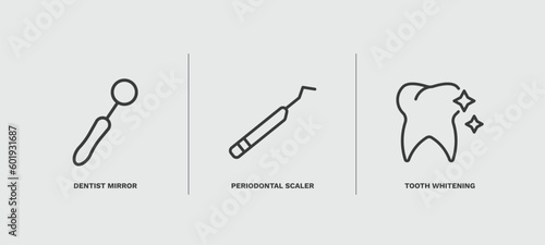 set of dental health thin line icons. dental health outline icons included dentist mirror, periodontal scaler, tooth whitening vector.