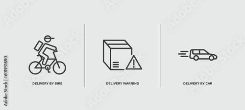 set of delivery and logistics thin line icons. delivery and logistics outline icons included delivery by bike, warning, by car vector.