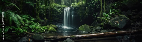 a waterfall in the middle of a lush green forest, sumatraism, australia, shot with a canon 20mm lens, generative ai © Orion