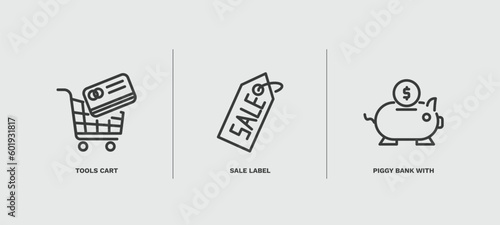 set of commerce and marketing thin line icons. commerce and marketing outline icons included tools cart, sale label, piggy bank with coin vector.