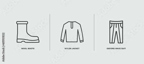 set of clothes and outfit thin line icons. clothes and outfit outline icons included wool boots, nylon jacket, oxford wave suit pants vector.