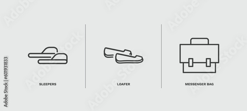 set of clothes and outfit thin line icons. clothes and outfit outline icons included sleepers, loafer, messenger bag vector.