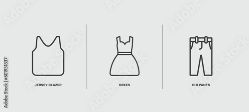 set of clothes and outfit thin line icons. clothes and outfit outline icons included jersey blazer, drees, chi pants vector.