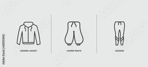 set of clothes and outfit thin line icons. clothes and outfit outline icons included hooded jacket, harem pants, leggins vector.