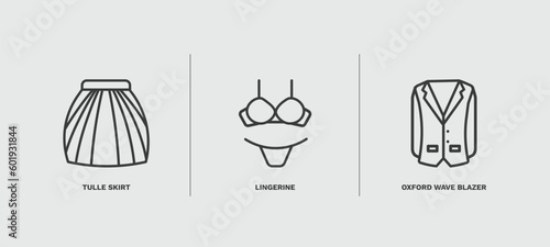 set of clothes and outfit thin line icons. clothes and outfit outline icons included tulle skirt, lingerine, oxford wave blazer vector.