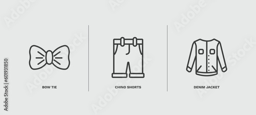 set of clothes and outfit thin line icons. clothes and outfit outline icons included bow tie, chino shorts, denim jacket vector.