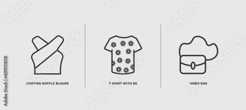 set of clothes and outfit thin line icons. clothes and outfit outline icons included chiffon suffle blouse, t shirt with de, hobo bag vector.