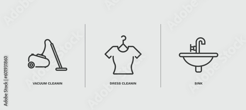 set of cleaning thin line icons. cleaning outline icons included vacuum cleanin, dress cleanin, sink vector.