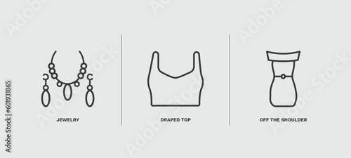 set of clothes and outfit thin line icons. clothes and outfit outline icons included jewelry, draped top, off the shoulder dress vector.