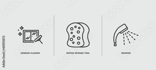 set of cleaning thin line icons. cleaning outline icons included window cleanin, wiping sponge tool, shower vector.