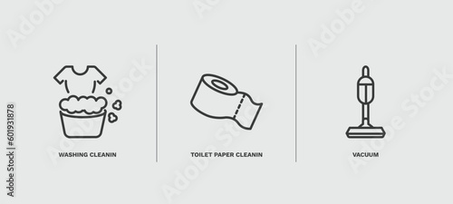 set of cleaning thin line icons. cleaning outline icons included washing cleanin, toilet paper cleanin, vacuum vector.