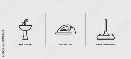 set of cleaning thin line icons. cleaning outline icons included sink cleanin, iron cleanin, wiping vacuum tool vector.