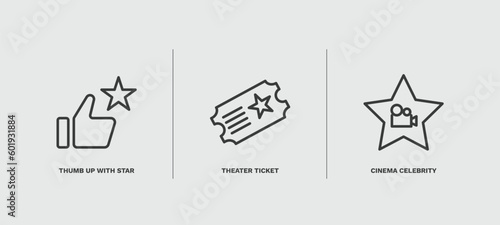 set of cinema and theater thin line icons. cinema and theater outline icons included thumb up with star, theater ticket, cinema celebrity vector. photo