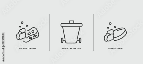 set of cleaning thin line icons. cleaning outline icons included sponge cleanin, wiping trash can, soap cleanin vector.