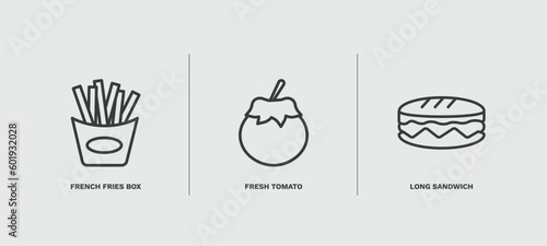 set of restaurant thin line icons. restaurant outline icons included french fries box, fresh tomato, long sandwich vector.