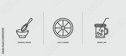 set of restaurant thin line icons. restaurant outline icons included manual mixer, half lemon, drink jar vector.