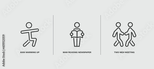 set of behavior and action thin line icons. behavior and action outline icons included man warming up, man reading newspaper, two men meeting vector.