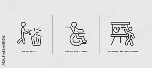 set of behavior and action thin line icons. behavior and action outline icons included prune hedge, man on wheelchair, presentation whiteboard vector.