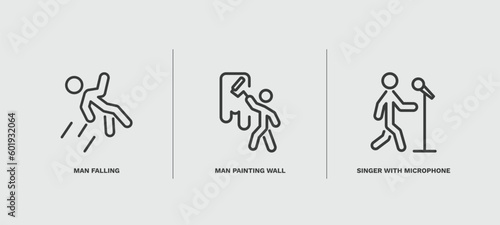 set of behavior and action thin line icons. behavior and action outline icons included man falling, man painting wall, singer with microphone vector.