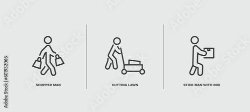 set of behavior and action thin line icons. behavior and action outline icons included shopper man, cutting lawn, stick man with box vector.
