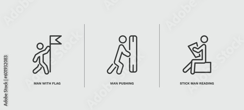 set of behavior and action thin line icons. behavior and action outline icons included man with flag, man pushing, stick man reading vector.