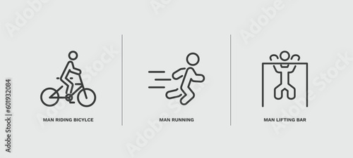 set of behavior and action thin line icons. behavior and action outline icons included man riding bicylce, man running, man lifting bar vector.