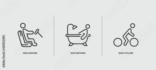 set of behavior and action thin line icons. behavior and action outline icons included man driving, man bathing, man cycling vector.