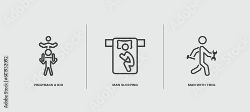 set of behavior and action thin line icons. behavior and action outline icons included piggyback a kid, man sleeping, man with tool vector.