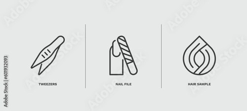 set of beauty and elegance thin line icons. beauty and elegance outline icons included tweezers, nail file, hair sample vector.