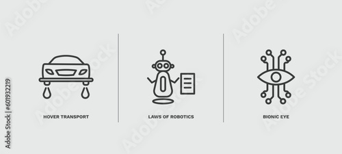 set of ai and future technology thin line icons. ai and future technology outline icons included hover transport, laws of robotics, bionic eye vector.